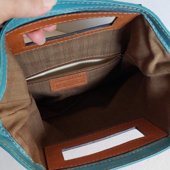 Vintage MODA in ITALIA Convertible 3in1 Leather Clutch Handbag Turquoise Cognac - Picture 9 of 13